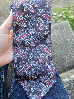 Paisley Silk-Effect Tie in Black with Red & Blue Accents